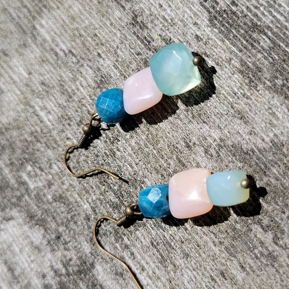 Panzy Waltz Jewelry - Apatite, Rose Quartz, Aqua Chalcedony Bronze Tone Dangle Earrings